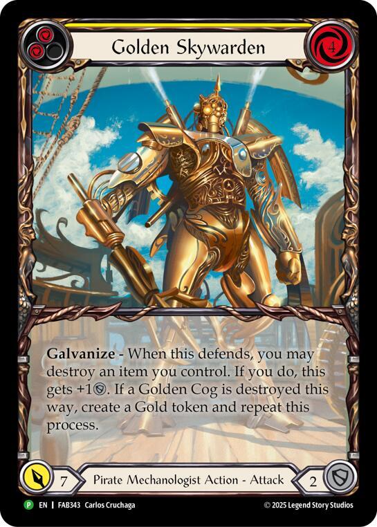 Galvanize - When this defends, you may destroy an item you control. If you do, this gets +1DEFENSE. If a Golden Cog is destroyed this way, create a Gold token and repeat this process.