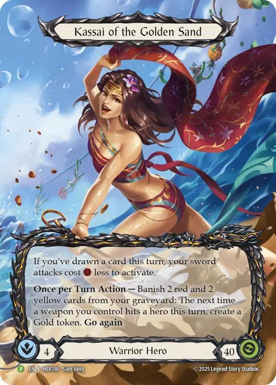 If you've Drawn a card this turn, your sword attacks cost [1 - Resource] less to activate.
Once per Turn Action — Banish 2 red and 2 yellow cards from your graveyard: The next time a weapon you control hits a hero this turn, create a Gold token. Go again.