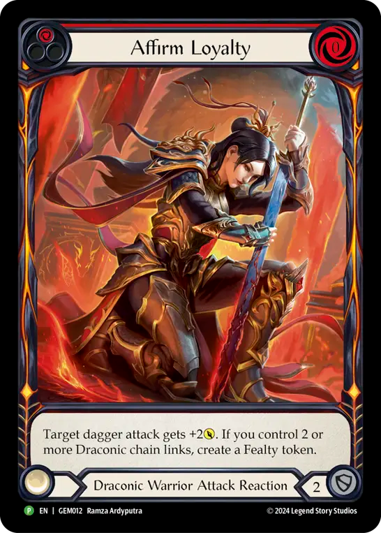 Target dagger attack gets +2{p}. If you control 2 or more Draconic chain links, create a Fealty token.