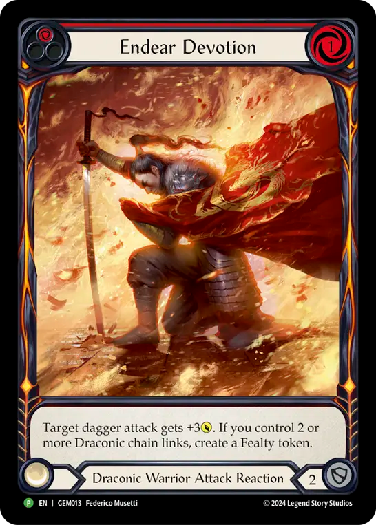 Target dagger attack gets +3{p}. If you control 2 or more Draconic chain links, create a Fealty token.